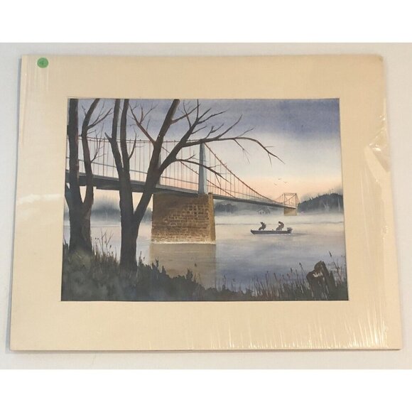 24"x20" Original Matted Watercolor PAINTING River Bridge by JOYCE GILBERT 1985 - Picture 1 of 6